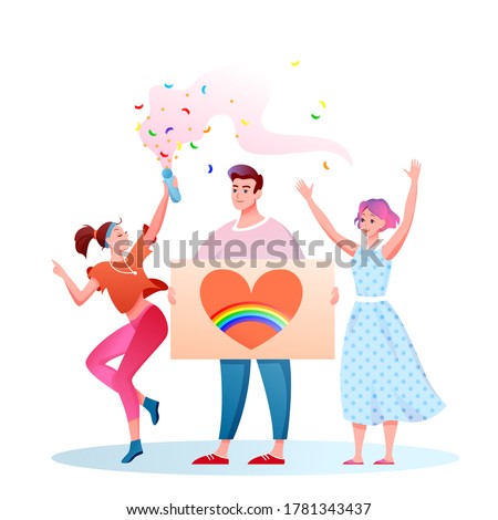 LGBT pride parade vector illustration. Cartoon flat happy homosexual and transgender people with LGBT rainbow flag have fun on festival parade for human rights