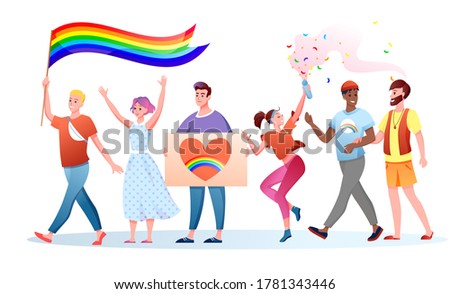 LGBT pride parade vector illustration. Cartoon flat happy homosexual and transgender people holding LGBT rainbow flag, gays lesbians characters have fun on festival parade for human rights and love