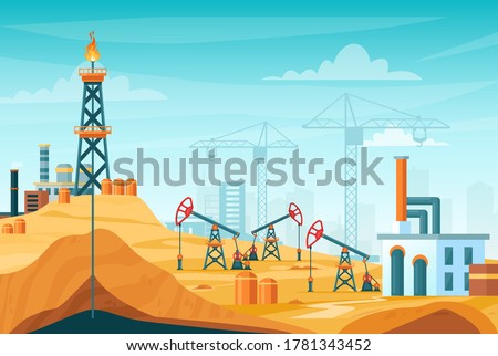 Oil extraction landscape vector illustration. Cartoon flat urban factory station skyline with well drilling, extracting industrial process, oil rig tower to pump black liquid from oilfield background