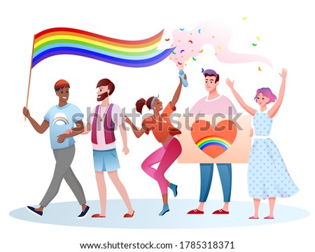 LGBT pride parade vector illustration. Cartoon flat happy homosexual and transgender people take part in festival parade for human rights, holding LGBT rainbow flag in hands