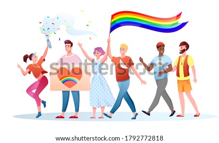 LGBT pride parade vector illustration. Cartoon flat happy gays lesbians characters holding LGBT rainbow flag on festival parade for human rights, tolerance and love