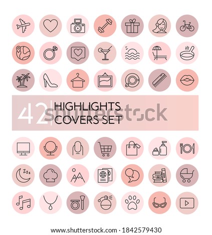 highlight vector illustration icons set. Social media collection of pink flat line covers for female account, blogger stories, lifestyle fashion elements, food and travel