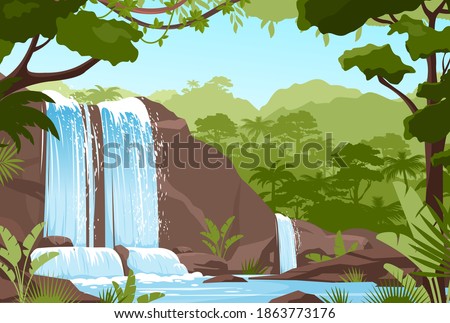 Waterfall jungle landscape vector illustration. Cartoon tropical natural scenery with cascade of rocks, river streams of water flowing, green exotic woods with wild nature and bush foliage background