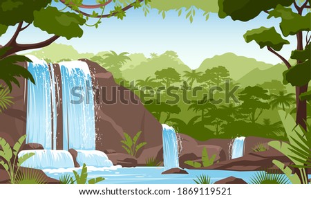 Waterfall in green jungle rainforest vector illustration. Cartoon tropical panoramic landscape with river water falling down from mountain rocks, fresh greenery of wild trees and bushes background