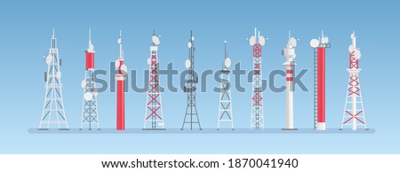Radio towers vector illustration. Cartoon towered antenna constructions for cell telecom communication, mobile network wireless station or radar signal. Flat towering broadcast building equipment set