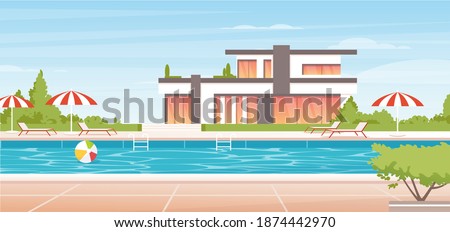 Water swimming pool summer vacation landscape vector illustration. Cartoon no people luxury spa poolside with umbrella, lounge and modern mansion villa or tropical resort hotel building background