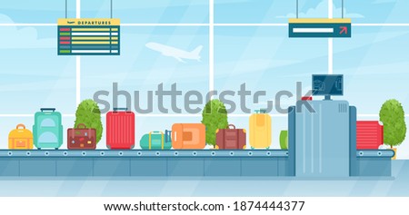 Travel suitcases on baggage conveyor belt in airport vector illustration. Cartoon passenger luggage bags waiting for tourist travelers after airplane flight in arrival terminal interior background