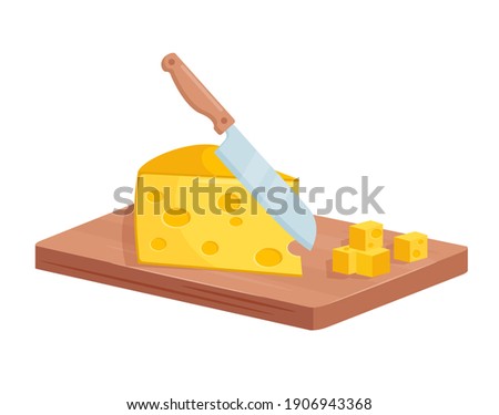 Dice cut cheese isometric vector illustration. Cartoon 3d diced cheese on wooden board while cooking food process, kitchen knife chopping, cutting cheese cubes to cook culinary dish isolated on white