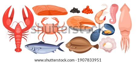 Seafood menu vector illustration set. Cartoon raw marine sea or ocean food collection with tuna trout salmon flounder fishes, lobster shrimp caviar mussel squid octopus tentacles isolated on white