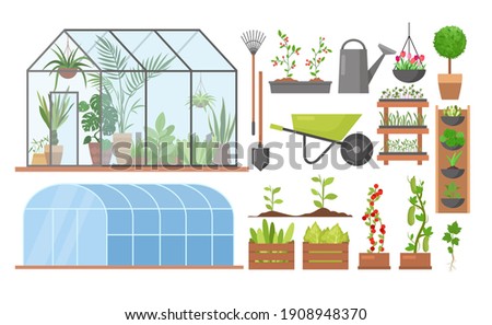 Greenhouse eco farm agriculture vector illustration set. Cartoon glass green house garden equipment or plants collection, wooden boxes with herbs, vegetables, agricultural technology isolated on white background