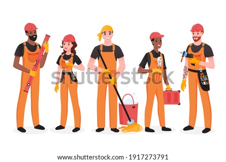 Repairman team of people vector illustration set. Cartoon happy man woman workers of maintenance repair service standing, technician engineer holding mechanic tools and toolbox isolated on white