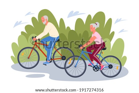 Elderly senior people cycling in park concept vector illustration. Cartoon happy old man woman cyclist characters ride bicycles, grandfather grandmother couple in sport activity isolated on white