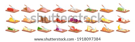 Cooking food process isometric vector illustration. Cartoon 3d knife processing fresh meat or fish, bread, ripe vegetables and fruits into slices on wooden cutting board, cook menu isolated on white