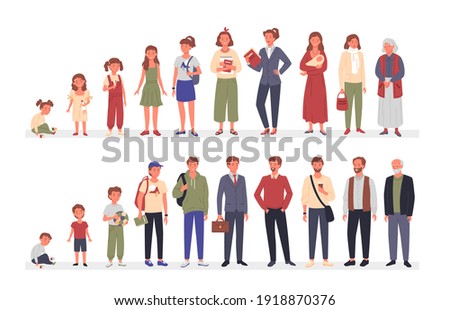 People in different ages vector illustration set. Cartoon life aging stage collection of woman and man, development evolution from child to teen, young adult elderly, human age cycle isolated on white