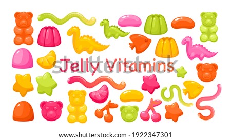 Candy chewy jelly vitamins vector illustration set. Colorful glossy sweet juicy gummy bear and dragon, marmalade soft sugar fruit and berry to chew, pharmacy drugstore kid collection isolated on white