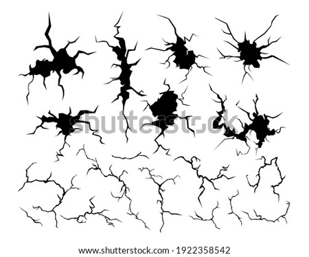 Cracks vector illustration set. Cleft broken cracked collapse, earthquake crash destruction effect, holes on rock land ground or wall surface, black cracks fracture collection isolated on white