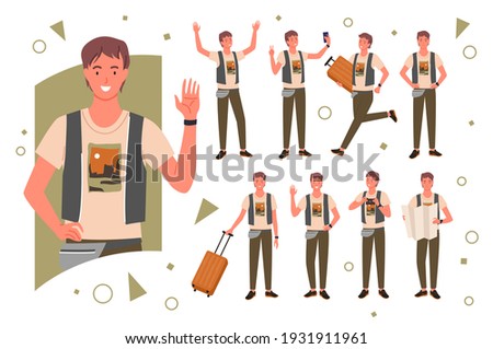 Tourist traveler pose vector illustration set. Cartoon happy young male character portrait, man traveling and waving hand, holding luggage and travel city map in various postures isolated on white