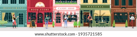 City street store, catering service set, retro storefront building facades with sellers