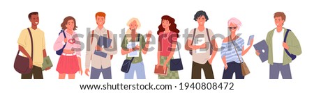Student people diversity vector illustration set. Cartoon young multinational group of man woman diverse characters standing in row and waving, holding laptop, books and textbooks isolated on white.