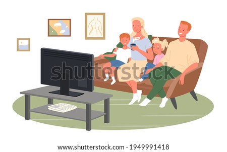 Happy family watch tv or movies, sit on home couch, mother character drinking coffee
