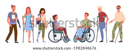 Disabled handicap people set, smiling man woman handicapped patients standing in row
