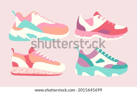 Snickers shoes vector illustration. Cartoon flat collection of man woman fashion footwear in different colors, sneakers shoes for fitness sport activity, casual fashionable footgear isolated on white.