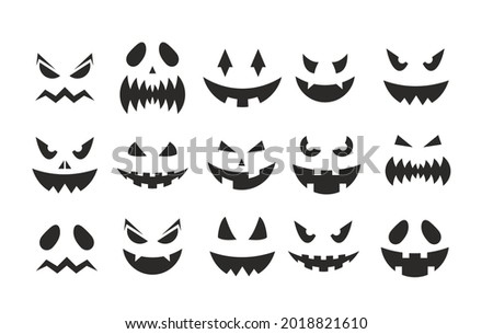 October party scary black clipart collection, spooky pumpkins facial expression, smiling ghost face on Halloween party isolated on white. Halloween pumpkin jack-o-lantern faces vector illustration.