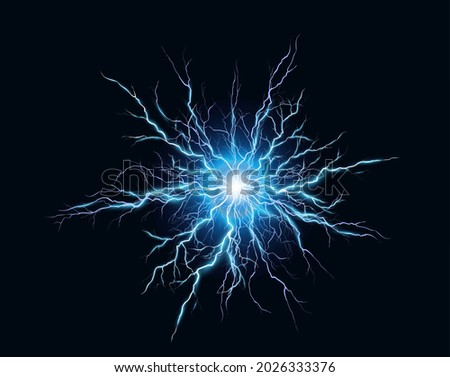 Electric ball lightning vector illustration, abstract electricity blast storm or thunderbolt in dark sky, flash light thunder spark background