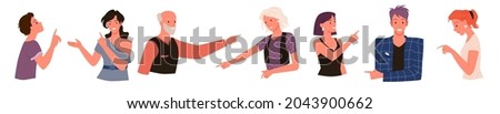 Cartoon adult old and young man woman characters, child boy pointing in various poses, girl posing isolated on white. People point finger, hand pointing gesture on direction vector illustration