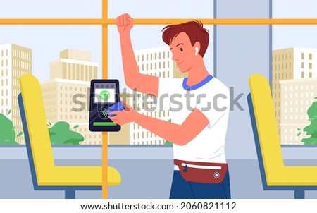 Contactless payment service in public transport vector illustration. Cartoon man paying for ticket, using credit card for travel in bus, metro tram or trolley. Automated card ticket validation concept