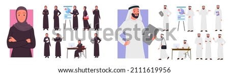 Cartoon young arab woman and man working, pointing on presentation board, walking isolated on white. Saudi businesswoman and businessman in different gestures and poses set vector illustration