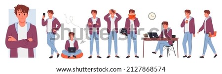 Male teenager student characters with different poses and gestures set vector illustration. Cartoon portrait of boy standing, walking, reading book and sitting with laptop to study isolated on white