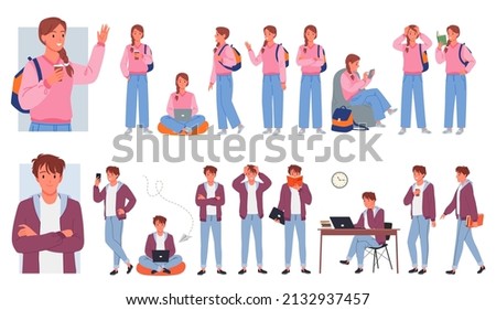 Set of young boy and girl college student in diverse educational poses. School daily activities of learning, studying and reading pupil character cartoon vector illustration