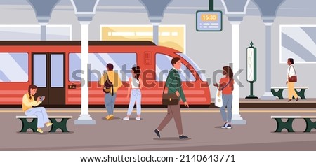 People commuting in subway metro station. Urban city transportation, high speed train, public transport infrastructure, underground railway passengers cartoon vector illustration