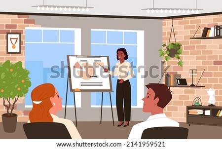 Business people training on board presentation in office boardroom vector illustration. Cartoon teacher talking to audience, woman showing financial data charts background. Conference, job concept