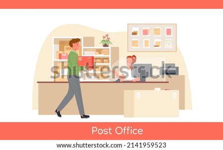 Customer returning box at post office reception counter vector illustration. Cartoon man holding parcel, female operator in uniform sitting at desk in stockroom background. Postal service concept