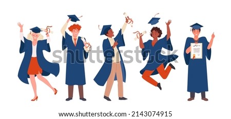 Set of graduate happy excited students. School graduation ceremony, academic cap and robe, high university diploma degree, bachelor studies gaining cartoon vector illustration