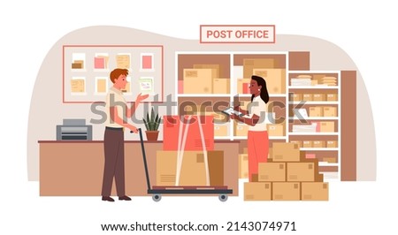 Postal worker moving cardboard boxes from trolley in post office vector illustration. Cartoon postman carrying cart with parcels to female clerk with background. Delivery, logistic service concept