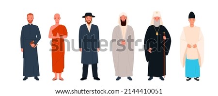 Set of different religious clerics. Religious leader or priest in traditional clothes, saint tradition, church episcopal worker, member of clergy cartoon vector illustration Foto d'archivio © 