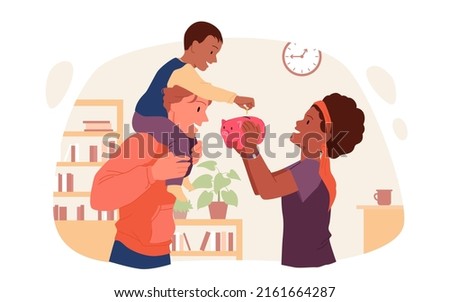 Happy family putting money in piggy bank. Child saving coins in finance box, common budget planning, parents savings funds, family banking and investment vector illustration