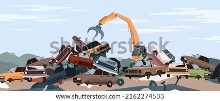 Car dump junkyard landscape with metal pile vector illustration. Cartoon steel crane working, dismantling scrapyard with old broken and crushed parts of auto vehicles, abandoned landfill background