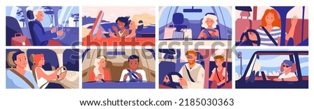 People inside car set vector illustration. Cartoon drivers holding steering wheel to drive vehicle, front and side view of woman and man sitting in interior of automobile background. Travel concept