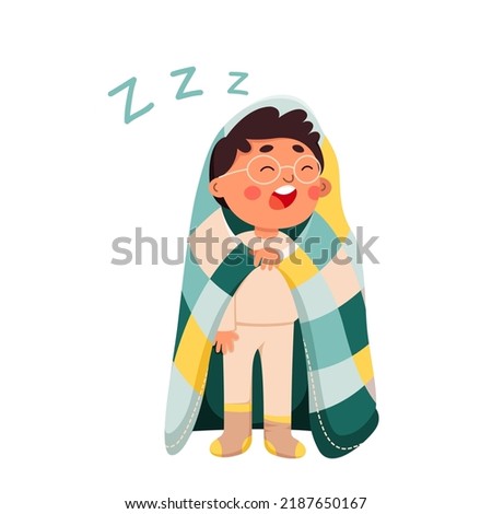 Sleepy boy with yawn vector illustration. Cartoon isolated funny tired child with closed eyes, sleepwear clothes and soft blanket standing and sleeping, cute kid sleepwalking at night and yawning