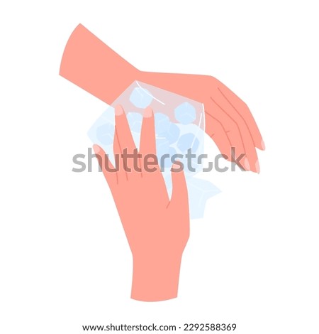 Arms apply compress with ice bag to reduce pain and swelling after injury, infographic vector illustration. Cartoon isolated hands treat with cold pack bruise with dislocation on injured wrist