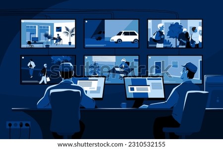 Security guards control CCTV camera system in dark room of video surveillance center with screens vector illustration. Cartoon officers characters monitor private property and public area, roads
