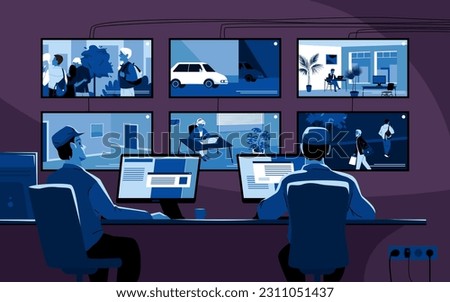Cartoon officers characters monitor private property and public area, roads. Security guards control CCTV camera system in dark room of video surveillance center with screens