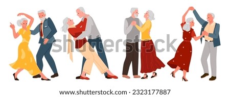 Cartoon isolated collection with pair of old man and woman dancing to music together, dance club or school for older romantic grandparents. Slow and fun dance of senior couple set vector illustration