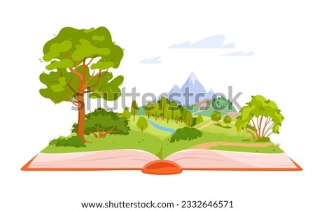 Summer fantasy story in magic book vector illustration. Cartoon isolated open storybook with green summer nature landscape on pages, literature about dream adventure and travel in fairytale forest
