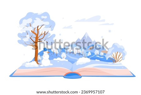 Winter fairy tale in magic book vector illustration. Cartoon isolated open storybook with snowy cold forest and mountains on pages, reading story about happy journey to Christmas fairytale forest