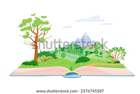 Summer or spring fantasy story in magic book vector illustration. Cartoon isolated open storybook to read fairy tale about happy day in nature, green tree and flowers in meadow, river near calm forest